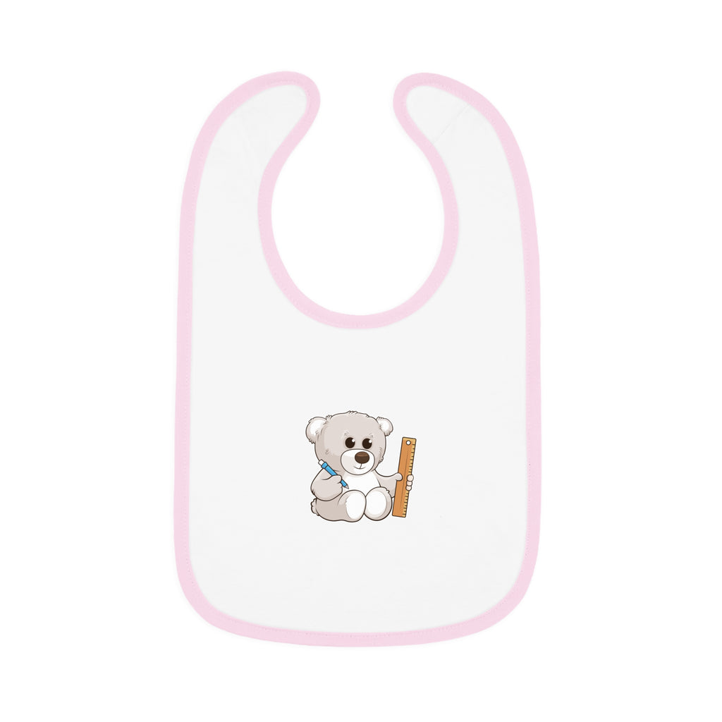 A white baby bib with light pink trim and a small picture of a bear.