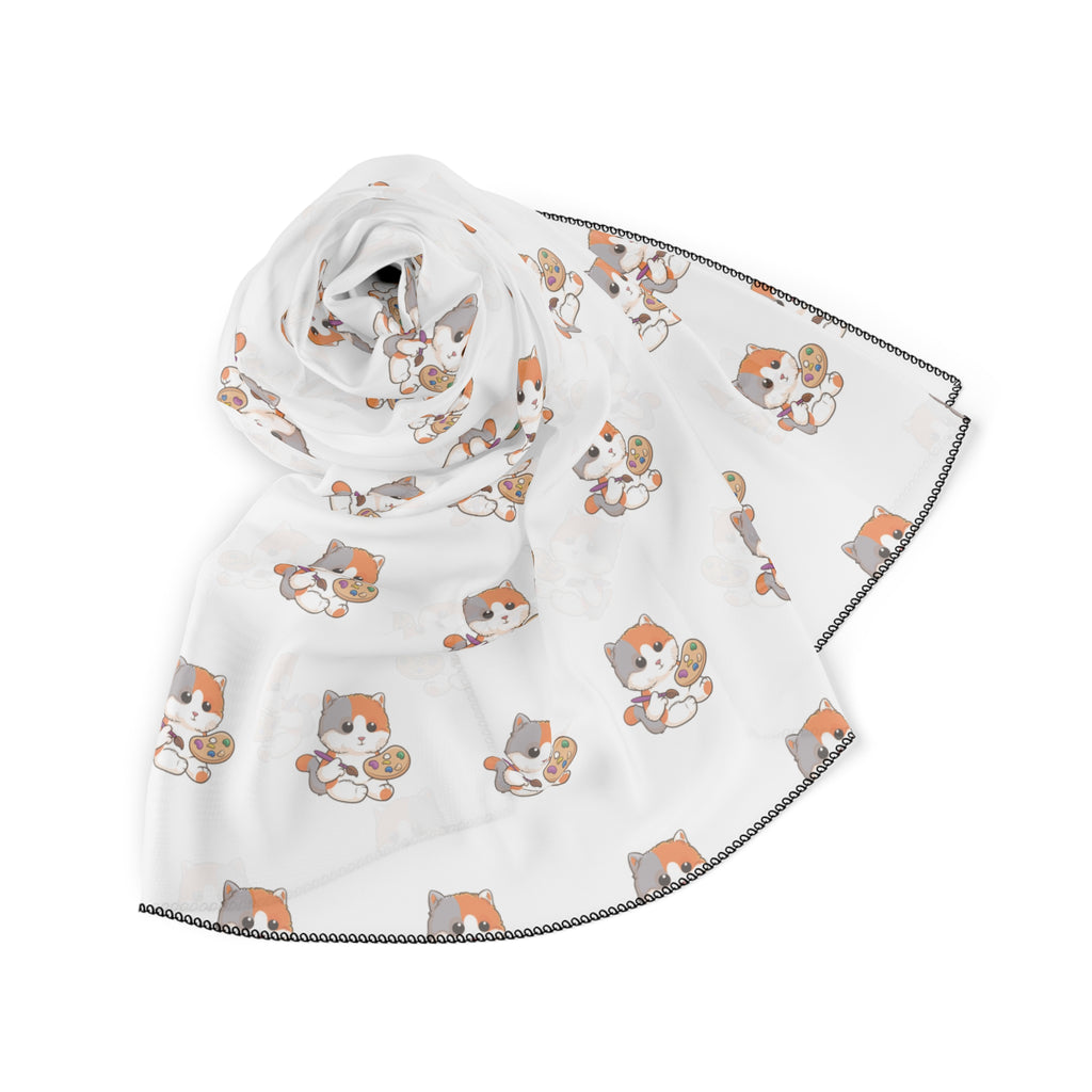 A folded white scarf with a repeating pattern of a cat.