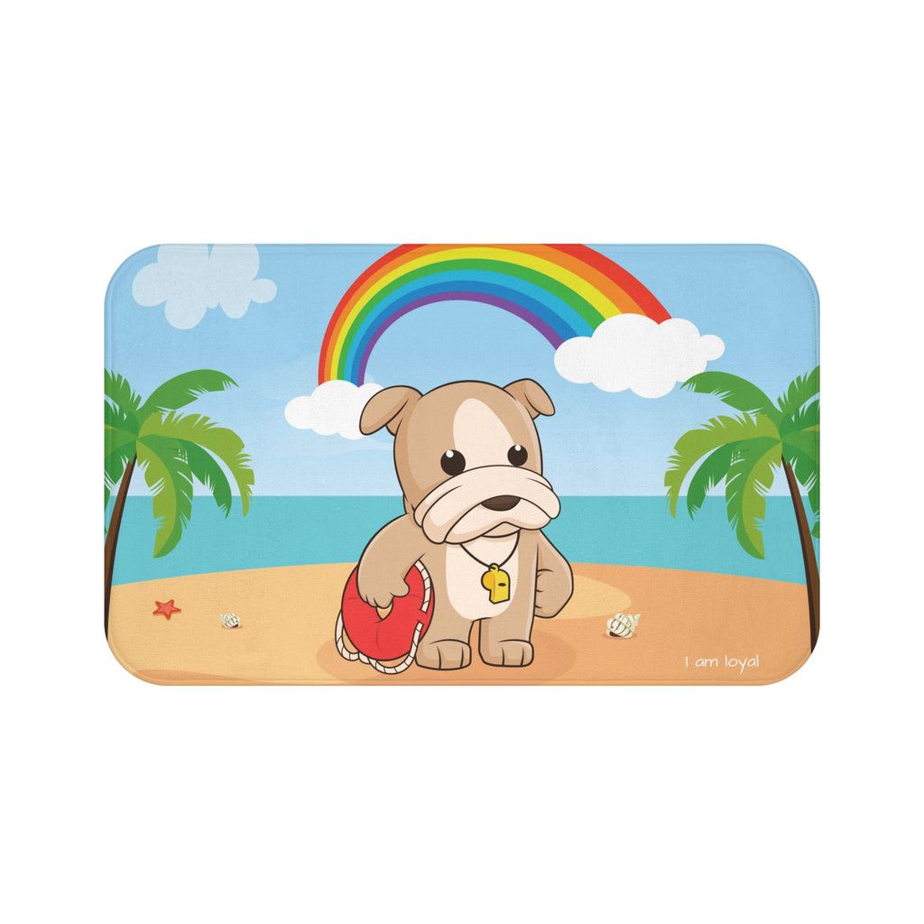 A 34 by 21 inch bath mat that has a scene of a dog lifeguard standing on a beach with a rainbow in the background and the phrase "I am loyal" along the bottom.