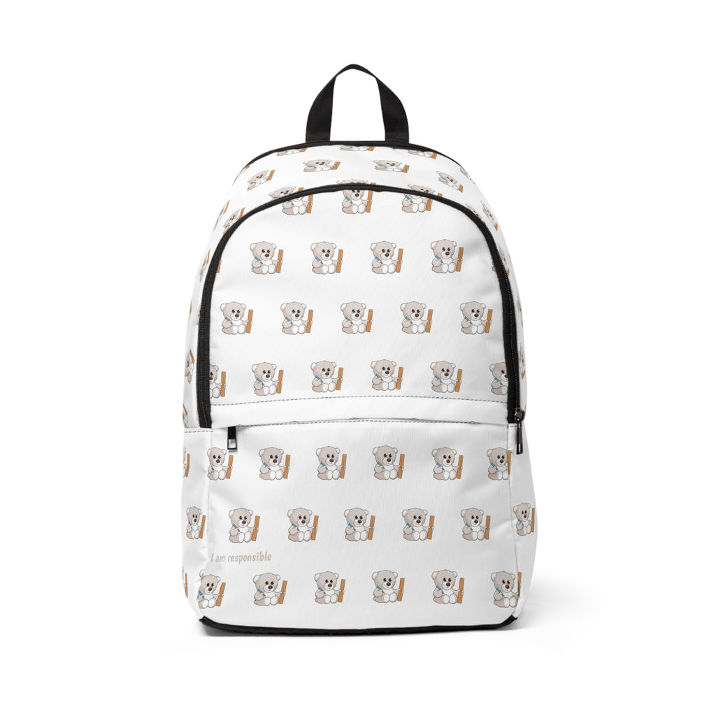 Front-view of a backpack with a repeating pattern of a bear and the phrase "I am responsible" in the bottom left corner of the front.
