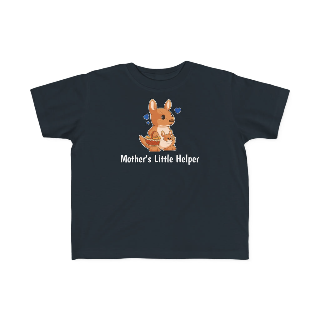 A short-sleeve black shirt with a picture of a kangaroo that says Mother's Little Helper.