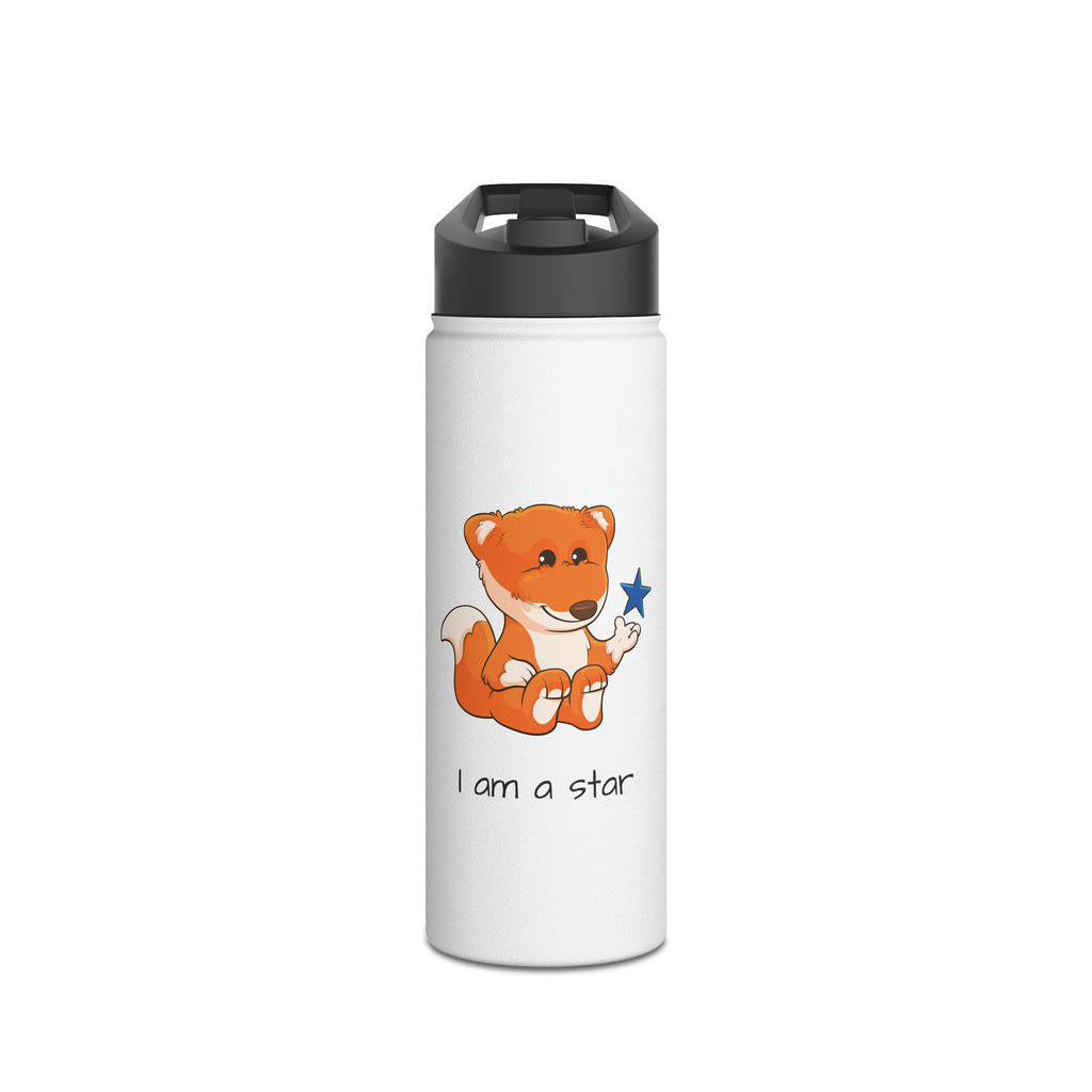 An 18 ounce white stainless steel water bottle with a black screw-on lid. The bottle features a picture of a fox that says I am a star.
