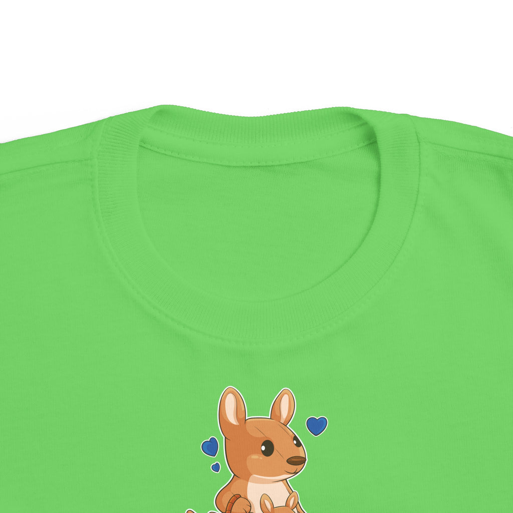 A close-up of the crew neckline of a green shirt with a picture of a kangaroo that says Mother's Little Helper.