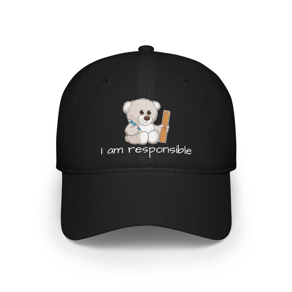 Front-view of a black baseball hat with a picture of a bear that says I am responsible.