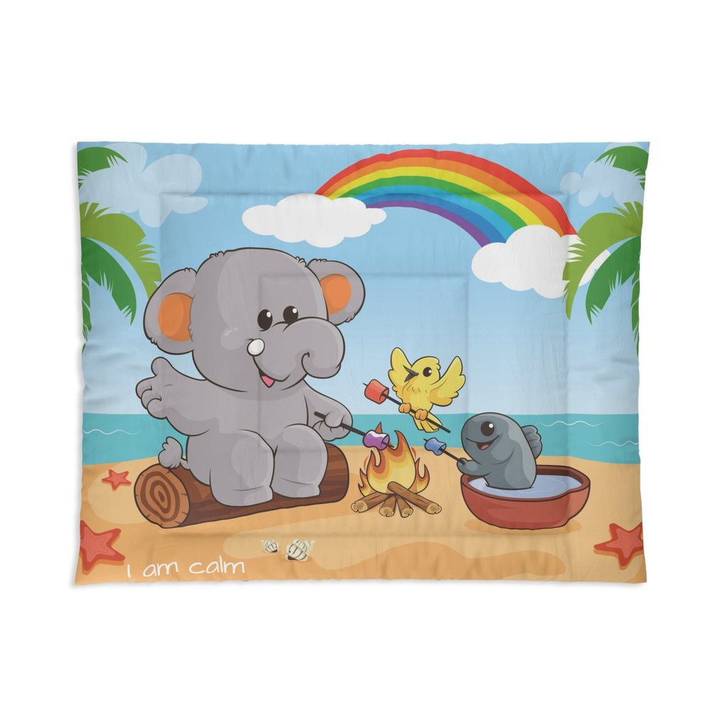 A 68 by 88 inch bed comforter with a scene of an elephant having a bonfire with a bird and fish on the beach, a rainbow in the background, and the phrase "I am calm" along the bottom.