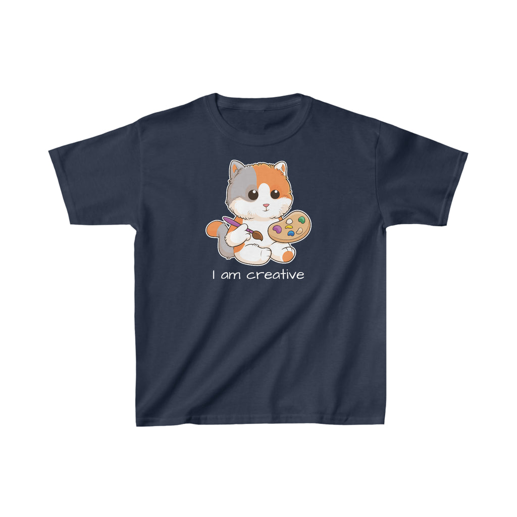 A short-sleeve navy blue shirt with a picture of a cat that says I am creative.