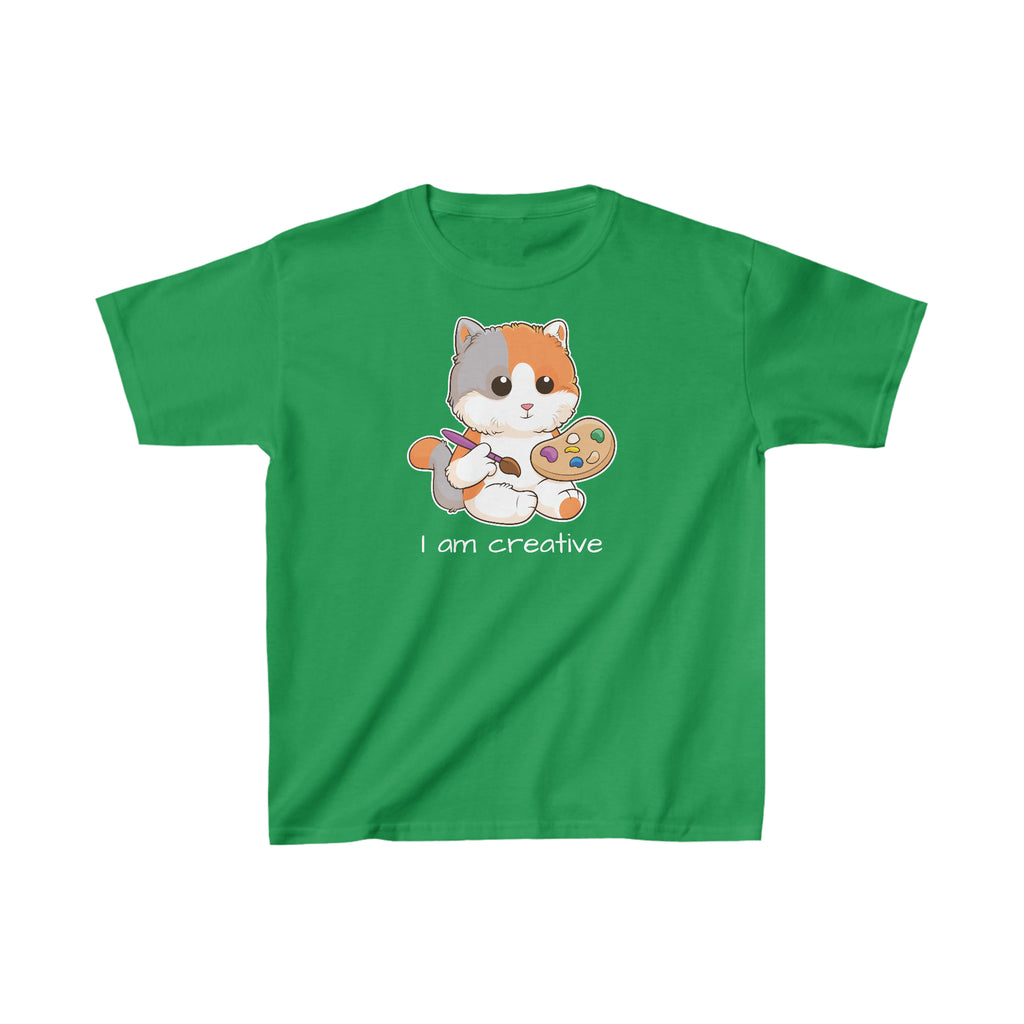 A short-sleeve green shirt with a picture of a cat that says I am creative.
