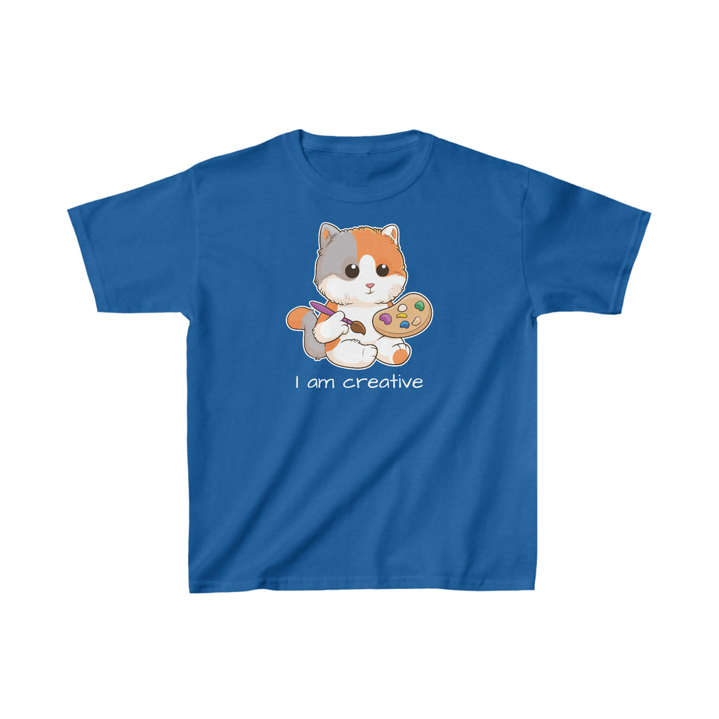 A short-sleeve royal blue shirt with a picture of a cat that says I am creative.