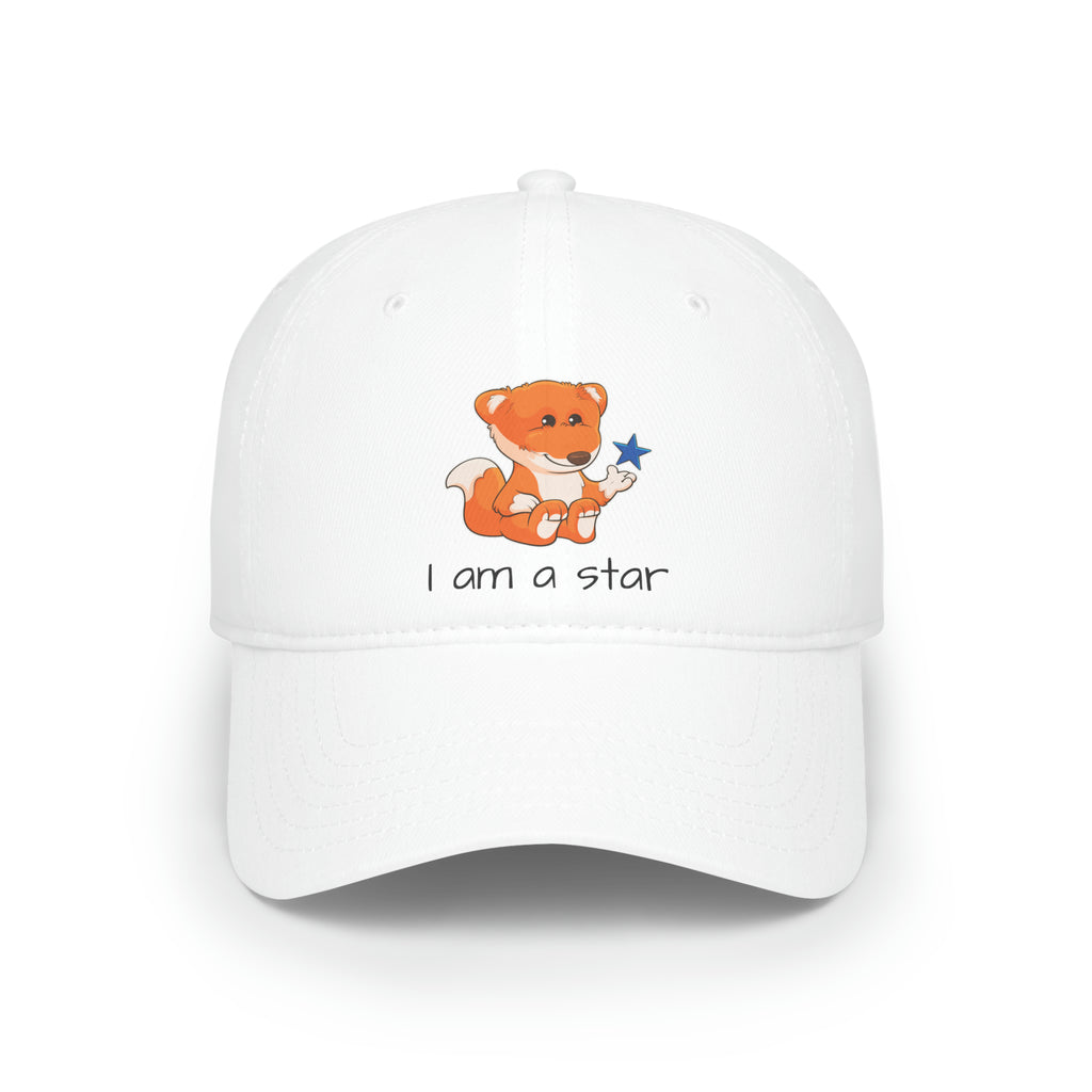 Front-view of a white baseball hat with a picture of a fox that says I am a star.