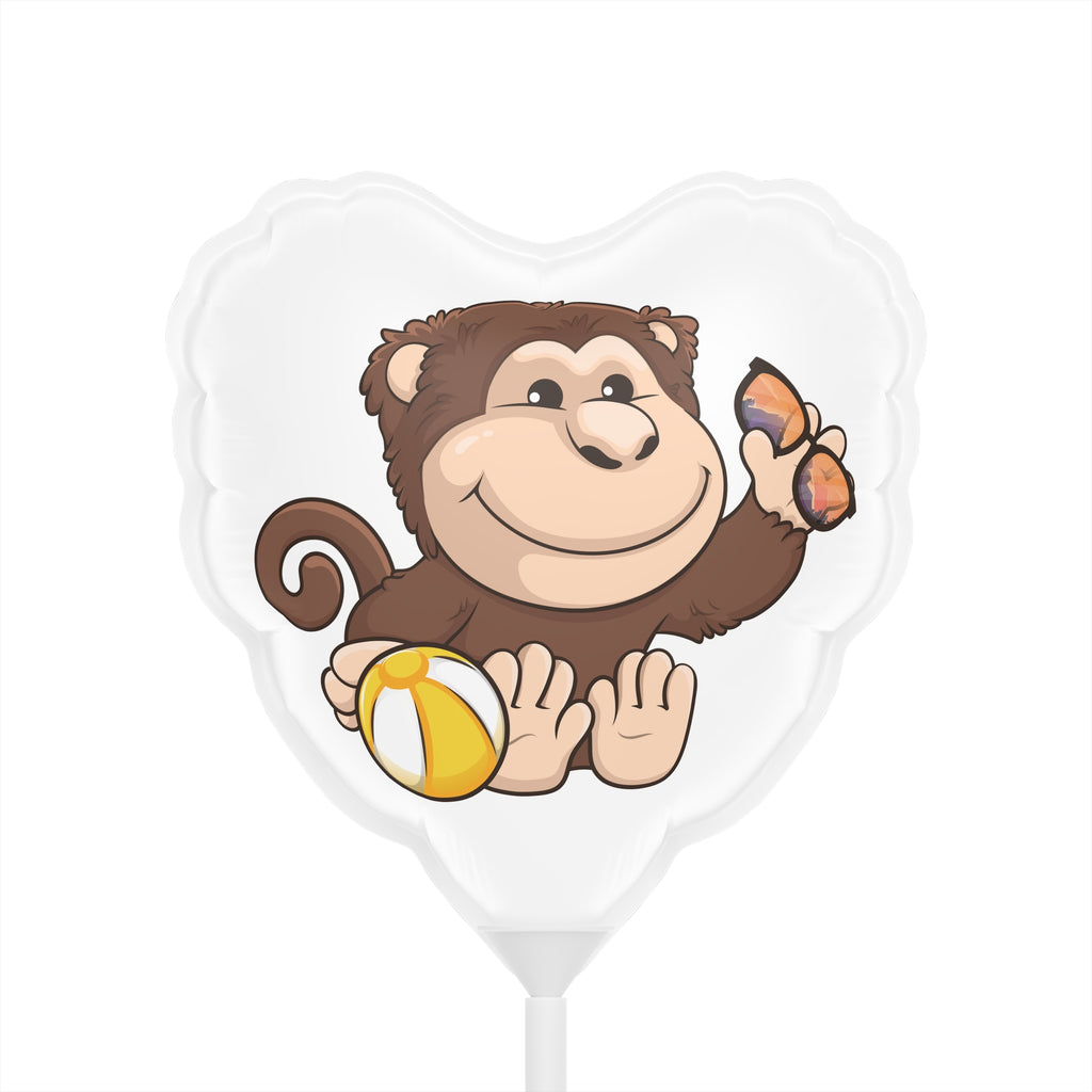 A heart-shaped white mylar balloon on a stick with a picture of a monkey.