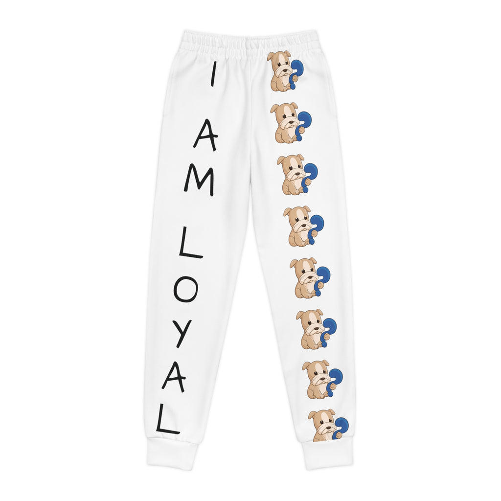 White sweatpants with a line of dogs down the front left leg and the phrase "I am loyal" down the front right leg.