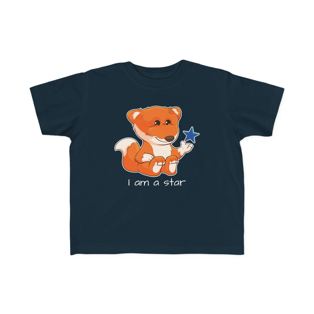 A short-sleeve navy blue shirt with a picture of a fox that says I am a star.