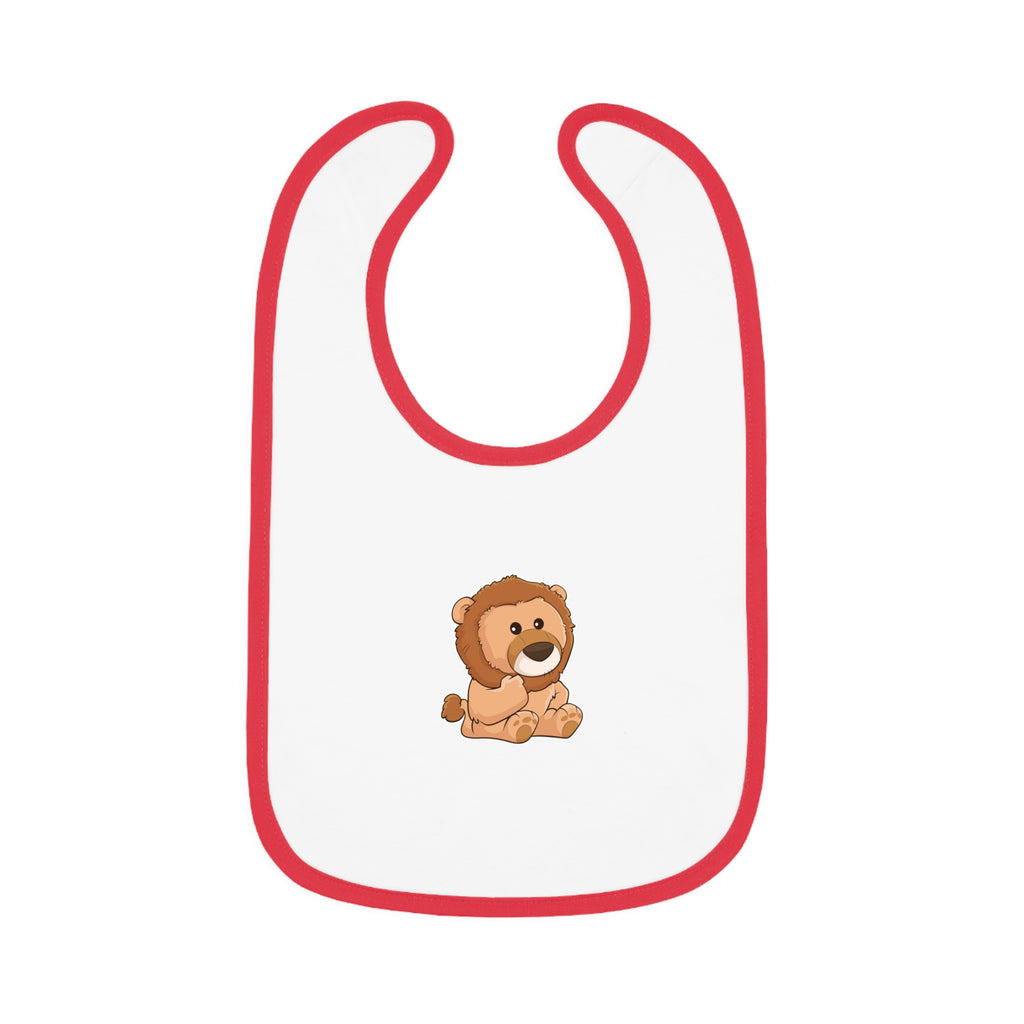 A white baby bib with red trim and a small picture of a lion.