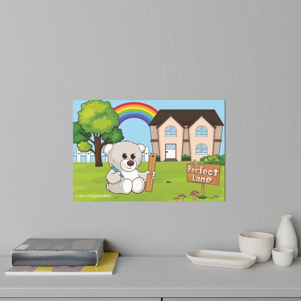 A 36 by 24 inch wall decal on a grey wall above a dresser and books. The wall decal has a scene of a bear sitting in the yard of its house, a rainbow in the background, and the phrase "I am responsible" along the bottom.