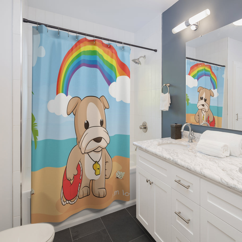 A shower curtain hanging from a rod in front of a built-in tub in a bathroom. The shower curtain has a scene of a dog lifeguard standing on a beach with a rainbow in the background and the phrase "I am loyal" along the bottom.