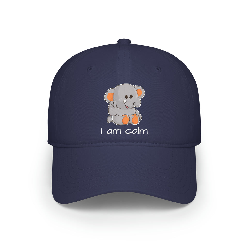 Front-view of a navy blue baseball hat with a picture of an elephant that says I am calm.
