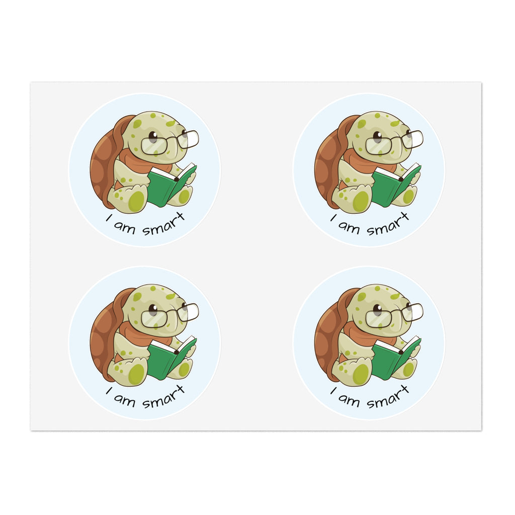 A sheet of 4 round stickers with a picture of a turtle that says I am smart.