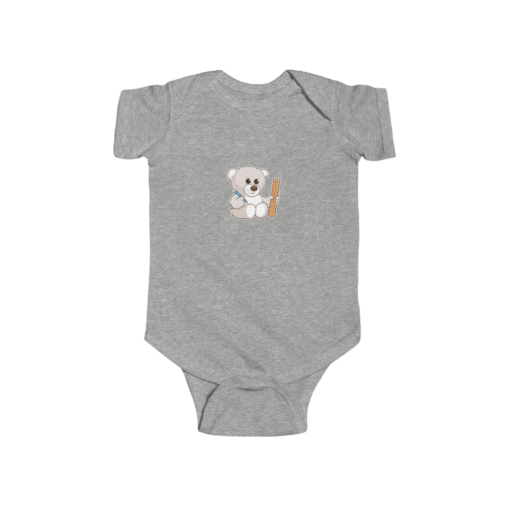 A heather grey baby onesie with a picture of a bear.