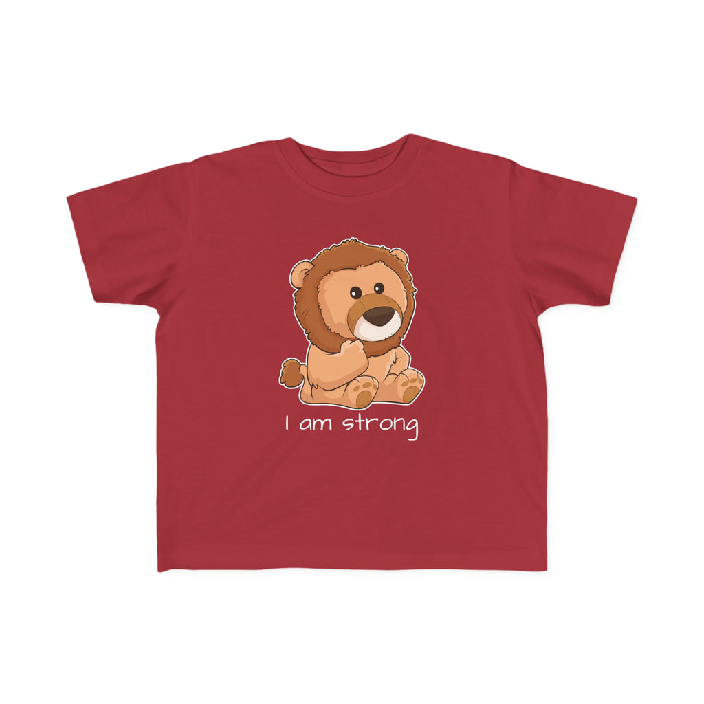A short-sleeve garnet red shirt with a picture of a lion that says I am strong.