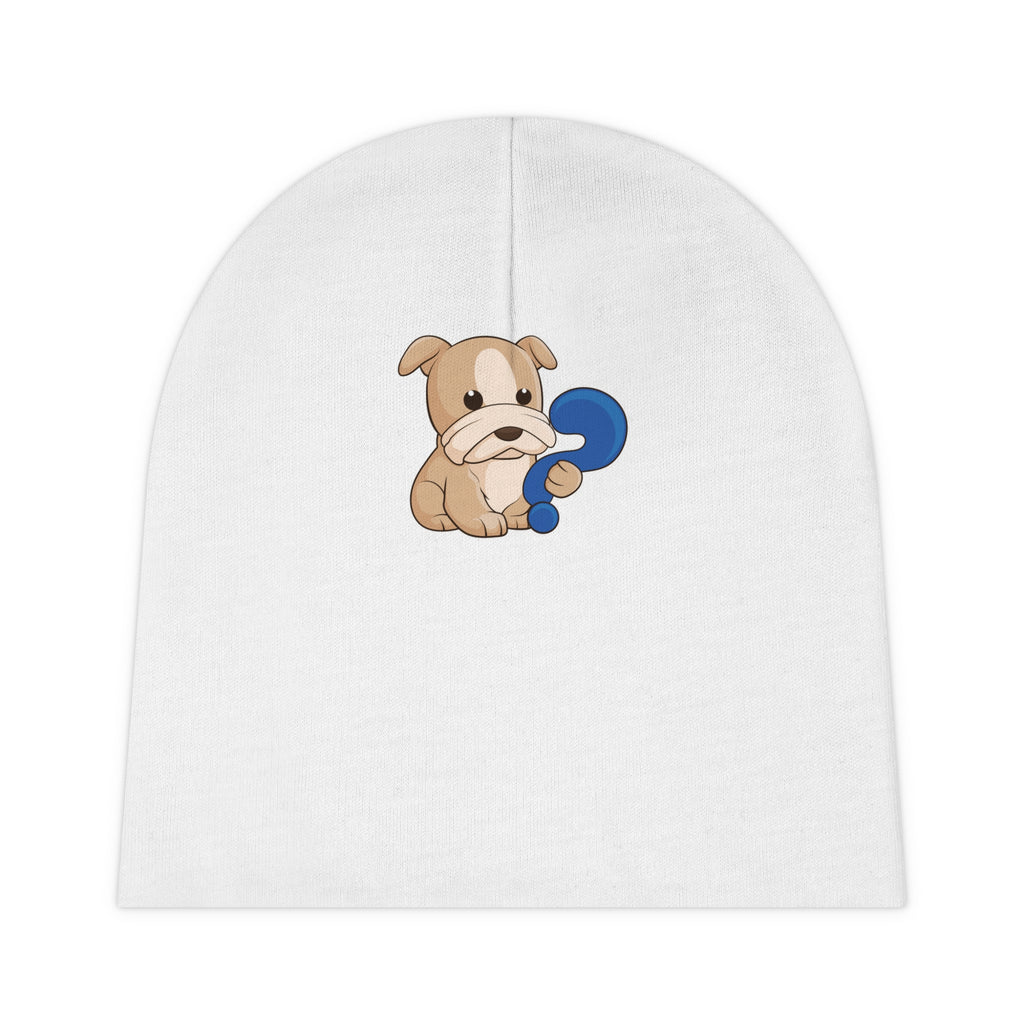 A white baby beanie with a small picture of a dog.