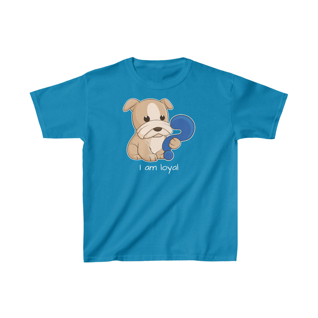 A short-sleeve sapphire blue shirt with a picture of a dog that says I am loyal.