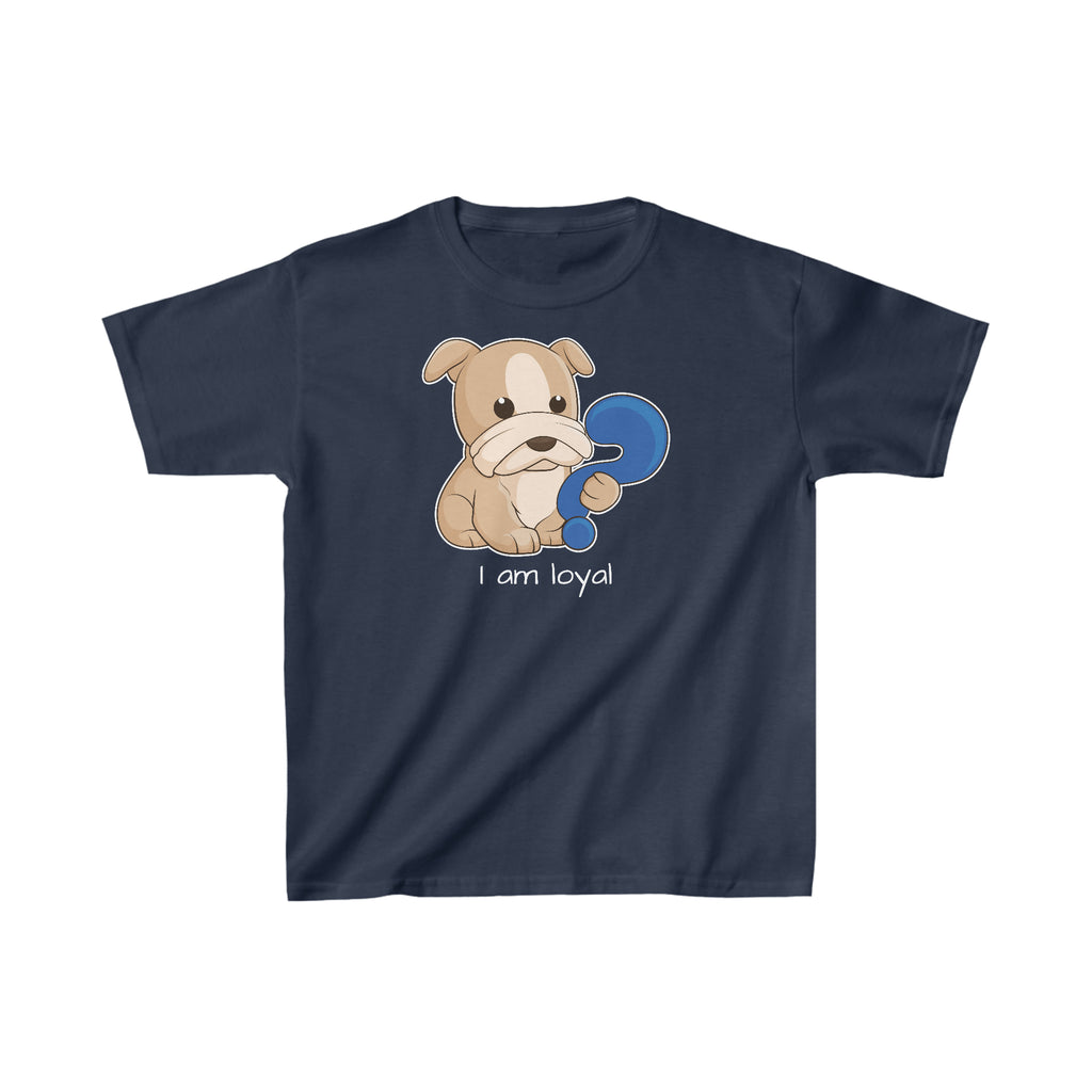 A short-sleeve navy blue shirt with a picture of a dog that says I am loyal.