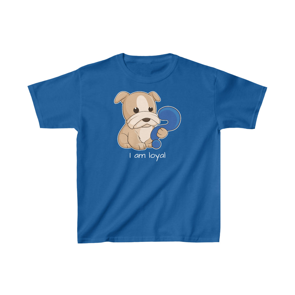 A short-sleeve royal blue shirt with a picture of a dog that says I am loyal.
