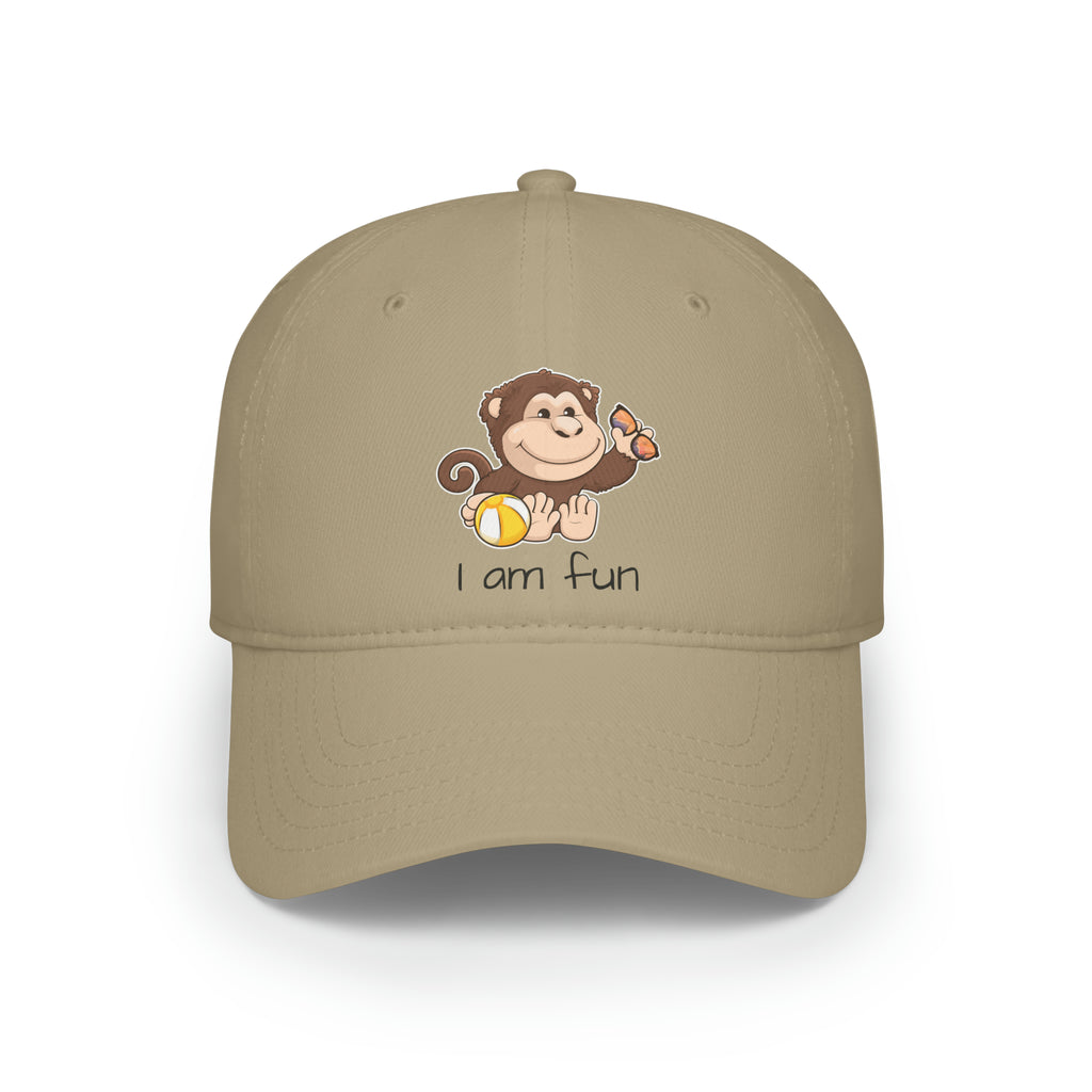 Front-view of a khaki baseball hat with a picture of a monkey that says I am fun.
