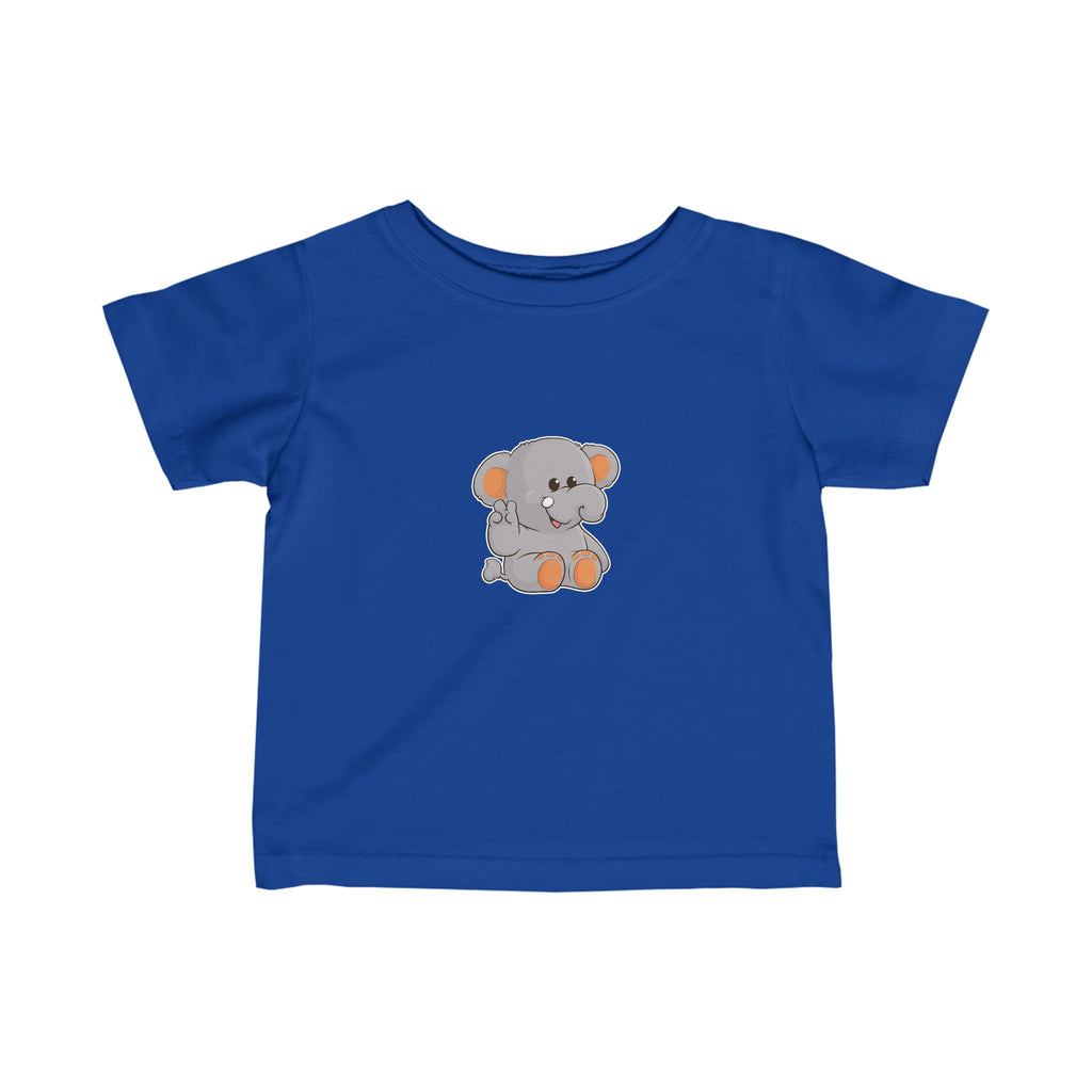 A short-sleeve royal blue shirt with a picture of an elephant.