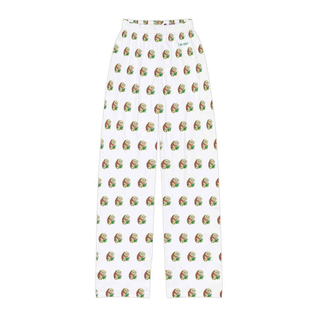 White pajama pants with a repeated pattern of a turtle and the phrase “I am smart” on the front left waist.