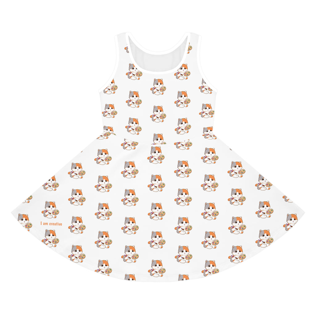 Front-view of a sleeveless white dress with a repeating pattern of a cat.