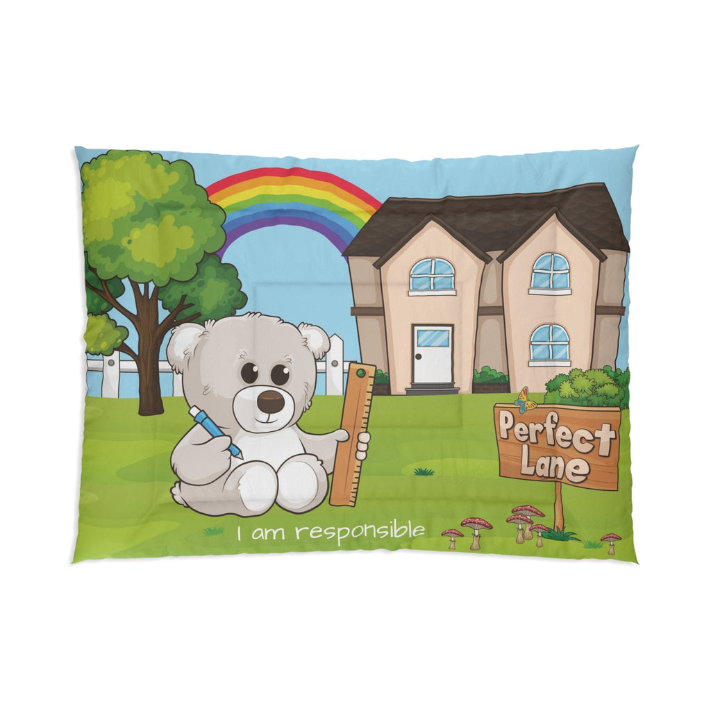 A 68 by 92 inch bed comforter with a scene of a bear sitting in the yard of its house, a rainbow in the background, and the phrase "I am responsible" along the bottom.