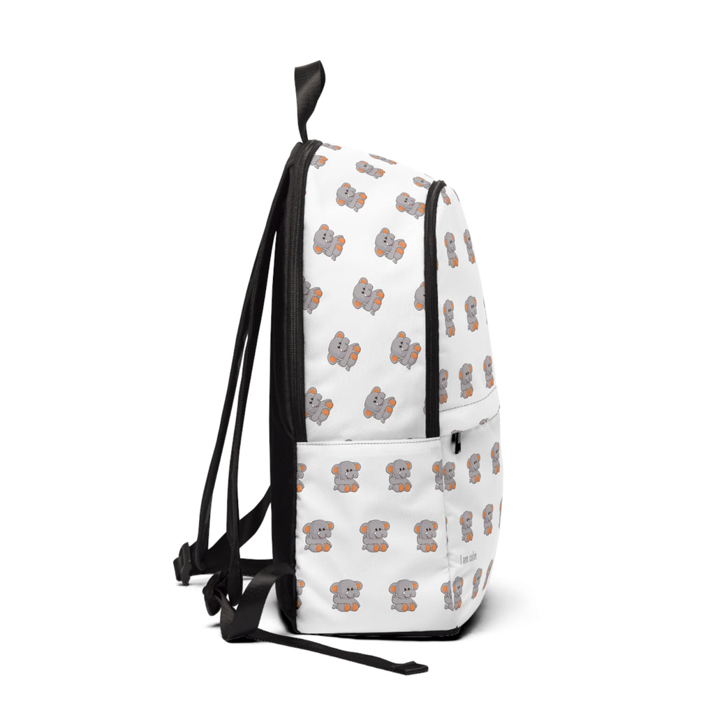 Side-view of a backpack with a repeating pattern of an elephant and the phrase "I am calm" in the bottom left corner of the front.