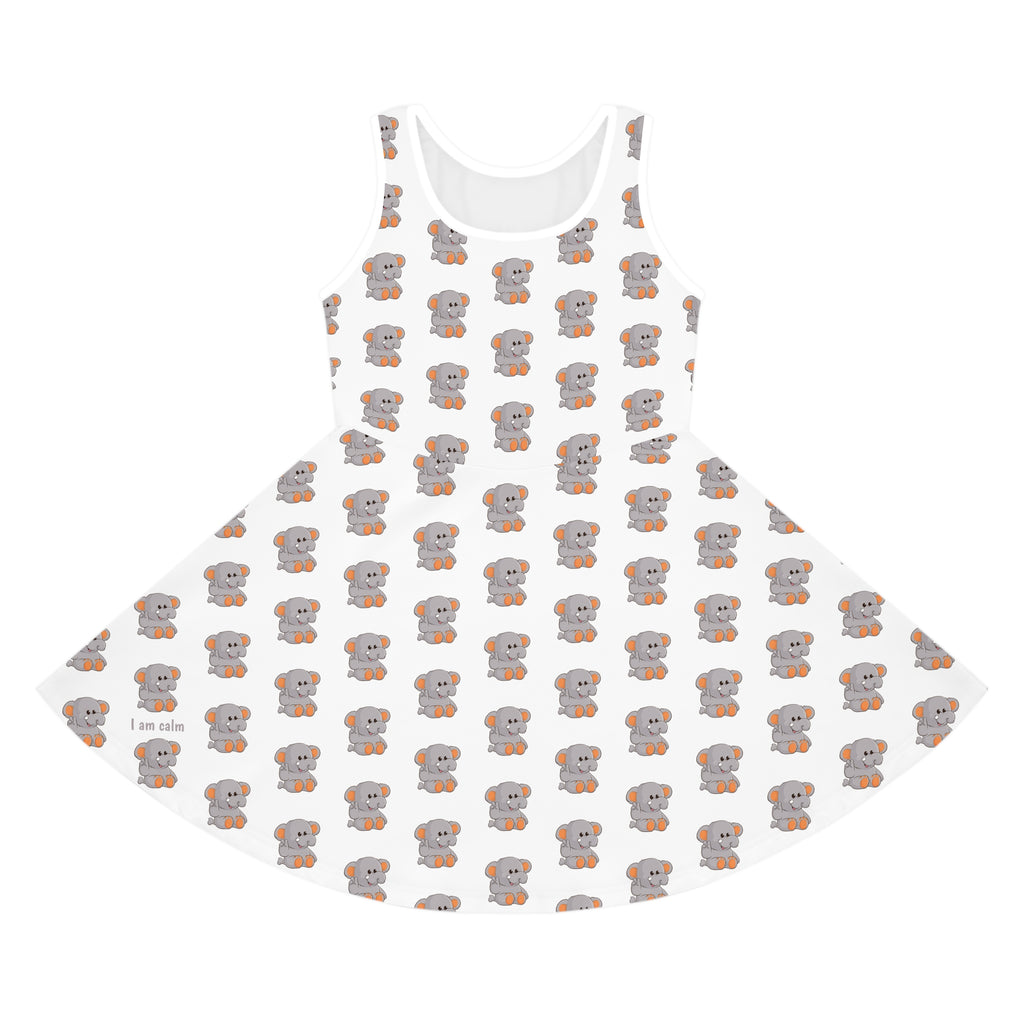 Front-view of a sleeveless white dress with a repeating pattern of an elephant.