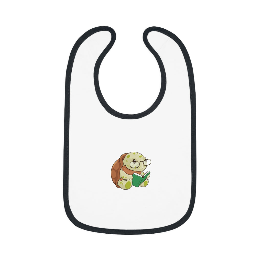 A white baby bib with black trim and a small picture of a turtle.