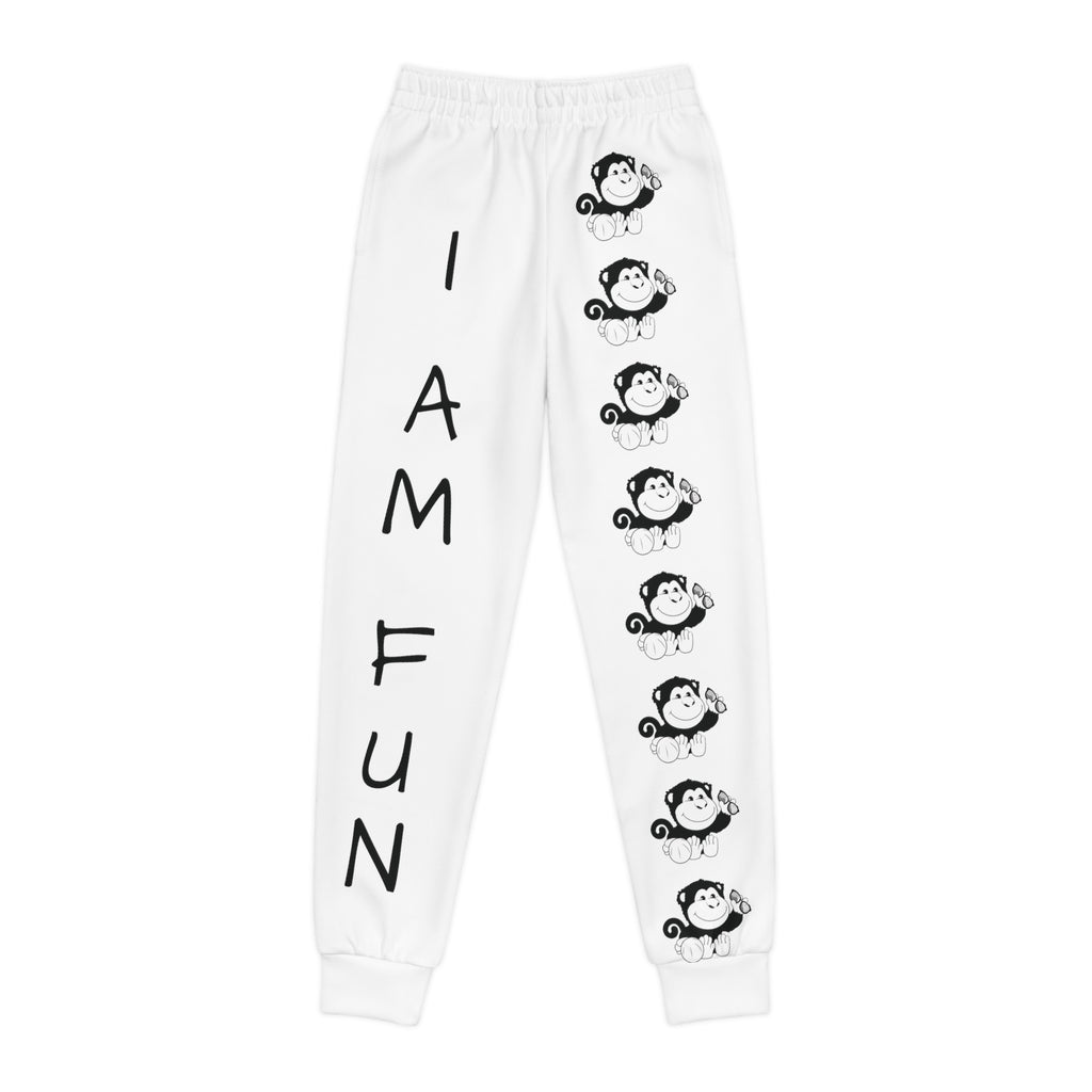 White sweatpants with a line of black and white monkeys down the front left leg and the phrase "I am fun" down the front right leg.