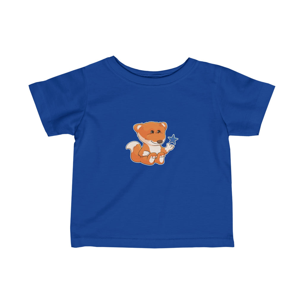 A short-sleeve royal blue shirt with a picture of a fox.