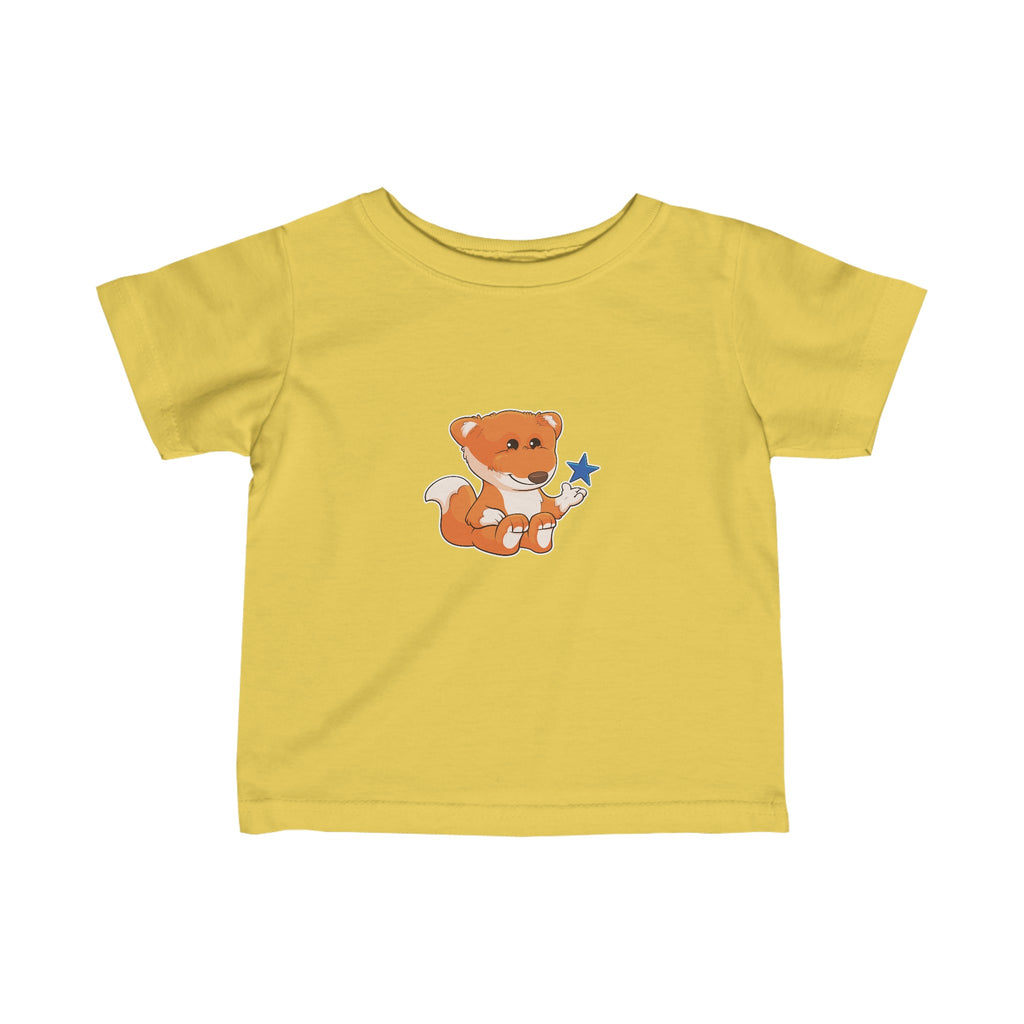 A short-sleeve yellow shirt with a picture of a fox.