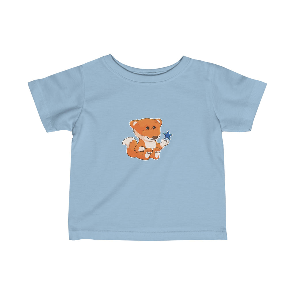 A short-sleeve light blue shirt with a picture of a fox.