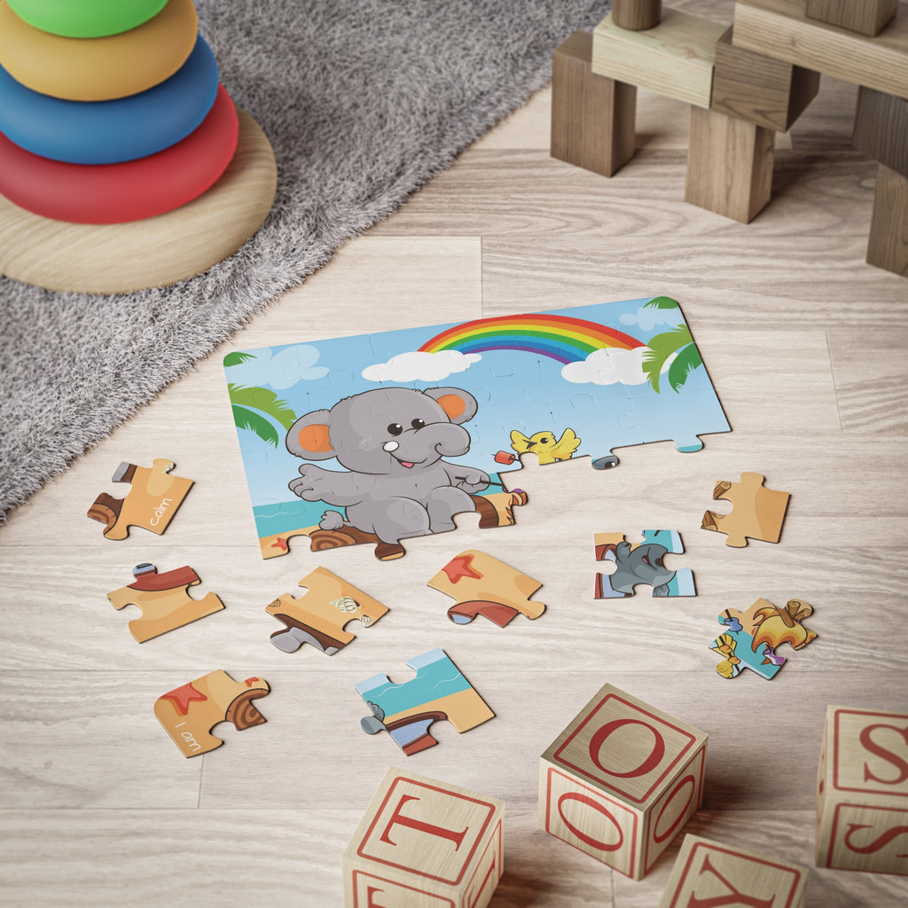 A 30 piece puzzle with a scene of an elephant having a bonfire with a bird and fish on the beach, a rainbow in the background, and the phrase "I am calm" along the bottom. The puzzle is partially assembled on the floor of a child's playroom.