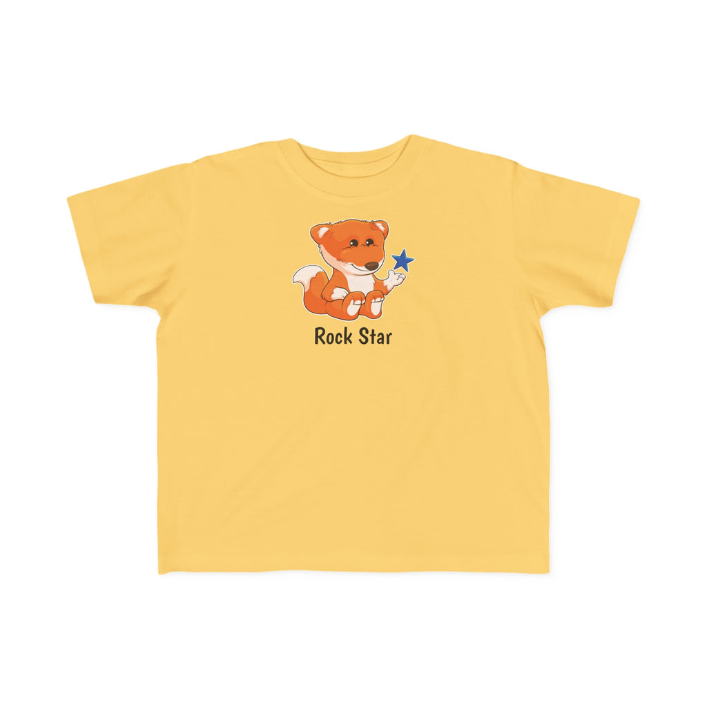 A short-sleeve yellow shirt with a picture of a fox that says Rock Star.