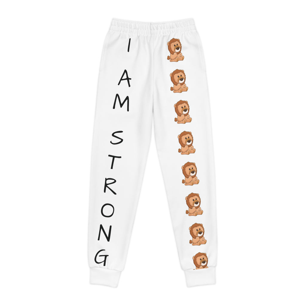 White sweatpants with a line of lions down the front left leg and the phrase "I am strong" down the front right leg.