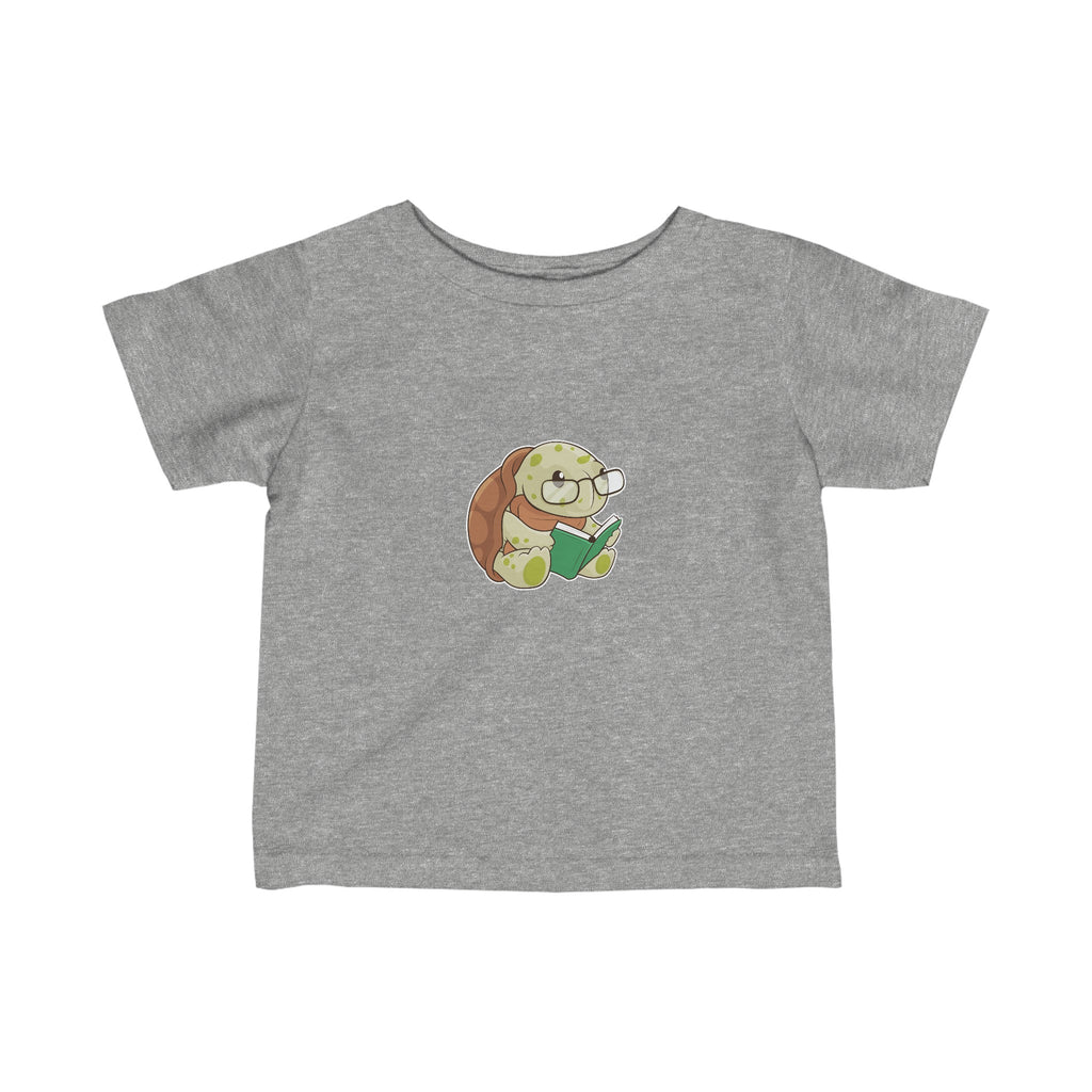 A short-sleeve heather grey shirt with a picture of a turtle.