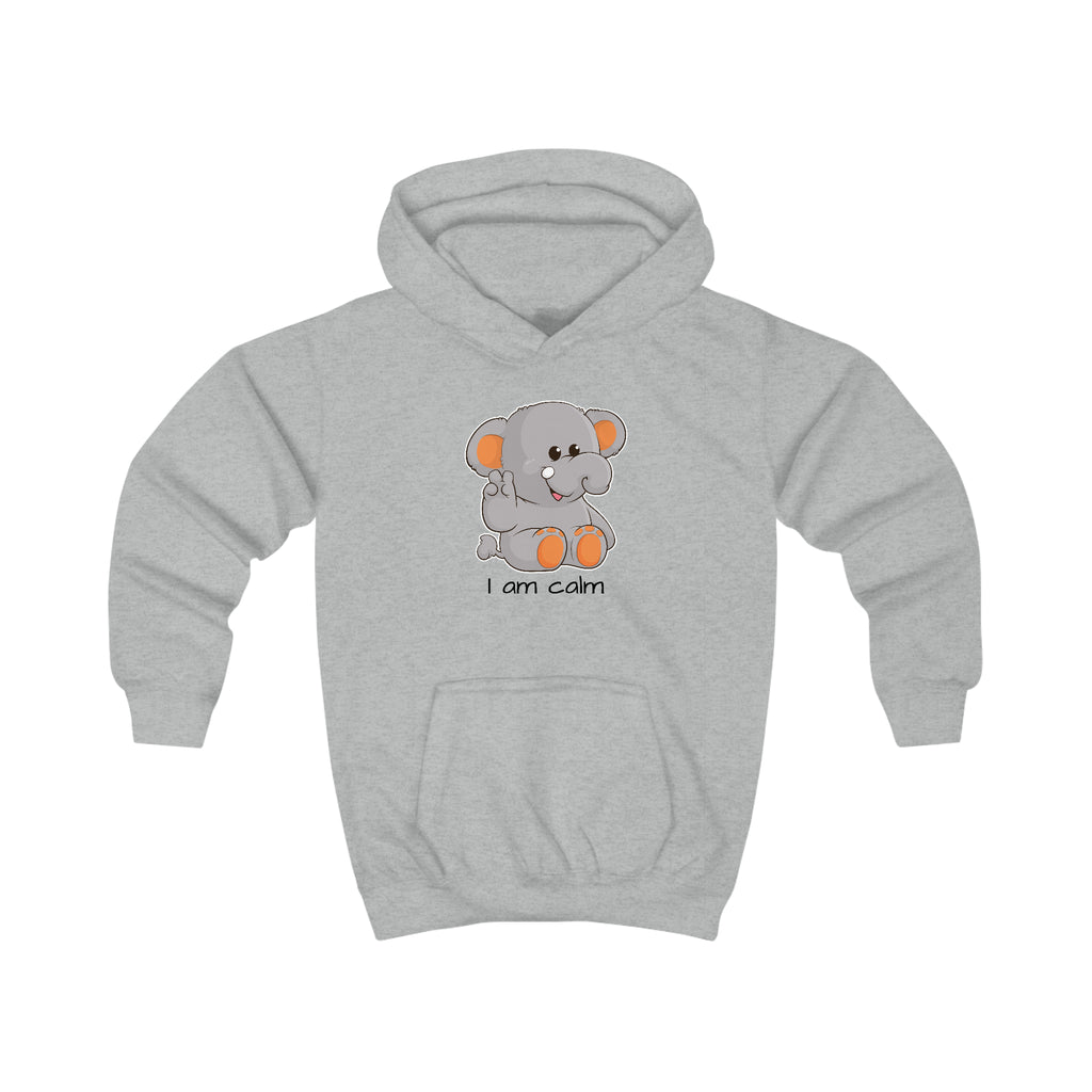 A heather grey hoodie with a picture of an elephant that says I am calm.