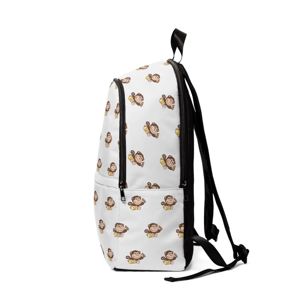 Other side-view of a backpack with a repeating pattern of a monkey.