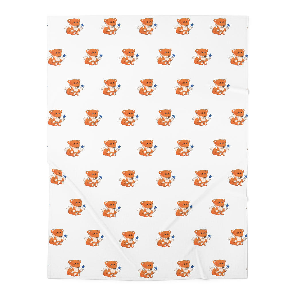 A white swaddle blanket with a repeating pattern of a fox.