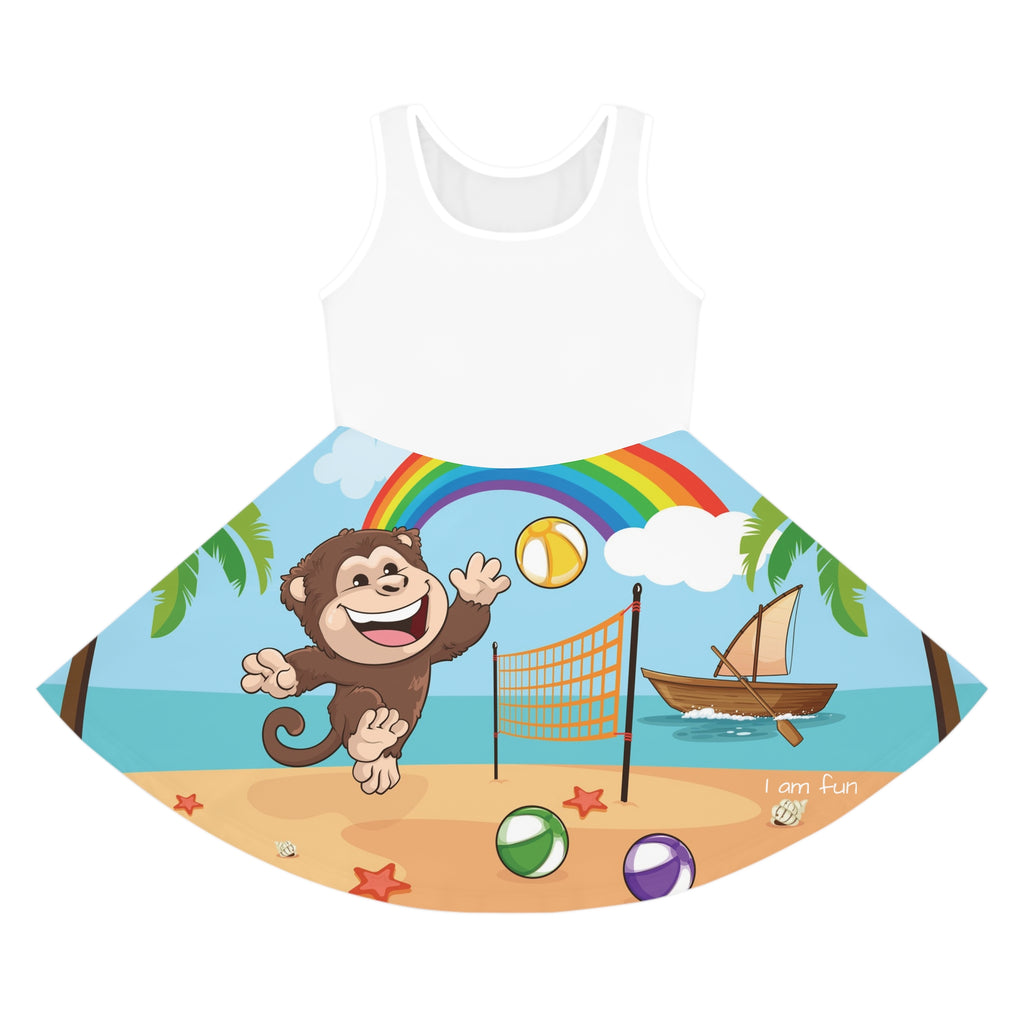 Front-view of a sleeveless dress. The dress has a white top and the skirt features a scene of a monkey playing volleyball on the beach and the phrase "I am fun".
