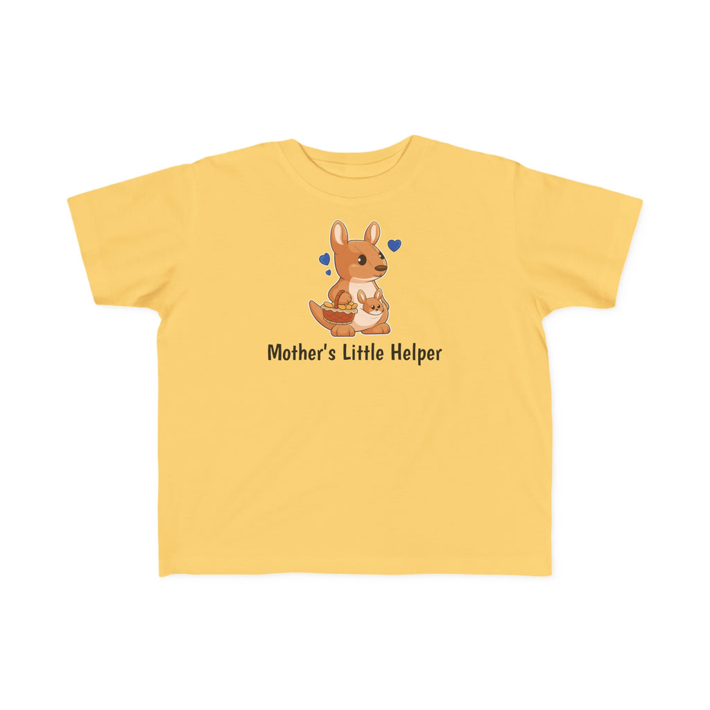 A short-sleeve yellow shirt with a picture of a kangaroo that says Mother's Little Helper.