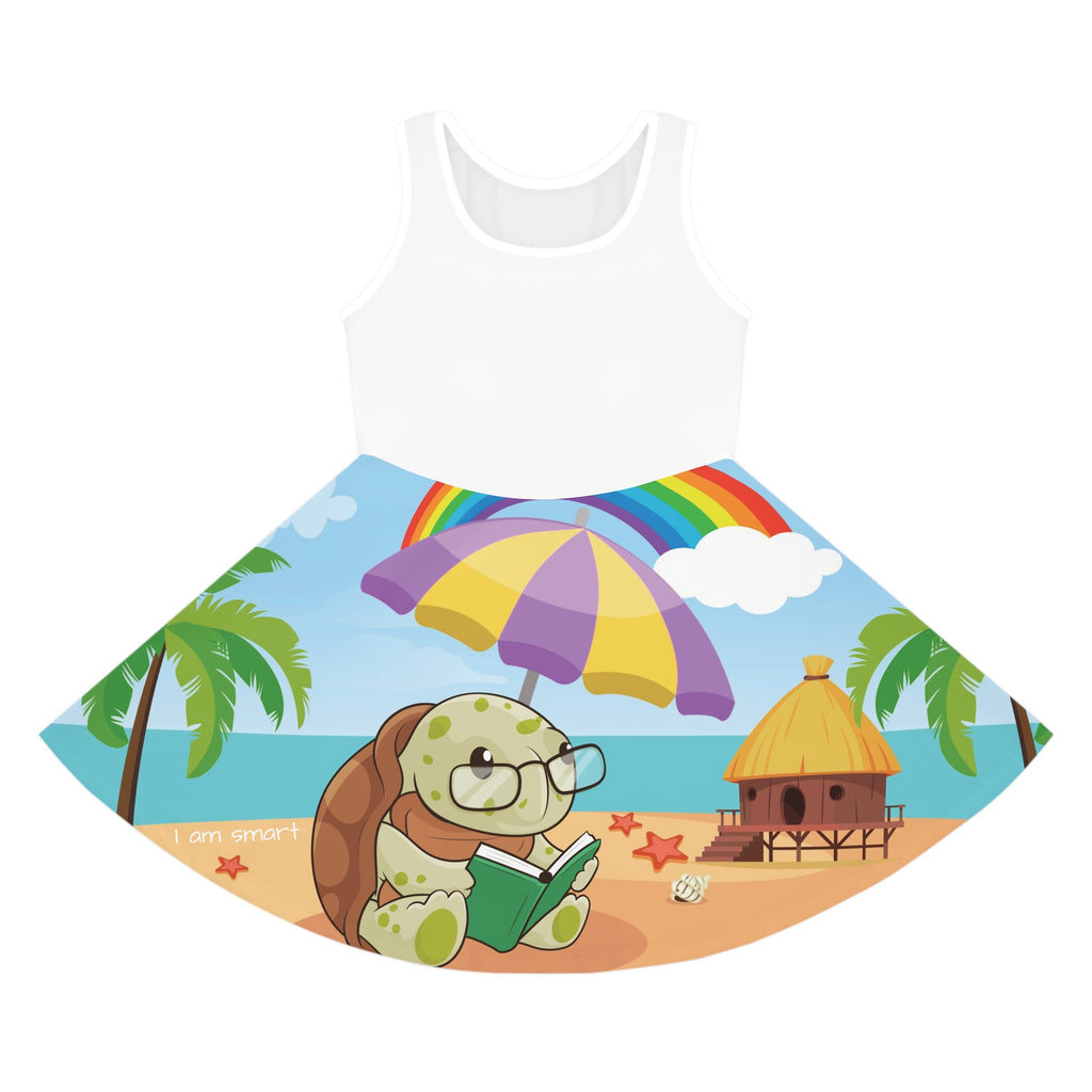 Front-view of a sleeveless dress. The dress has a white top and the skirt features a scene of a turtle reading a book under an umbrella on the beach and the phrase "I am smart".
