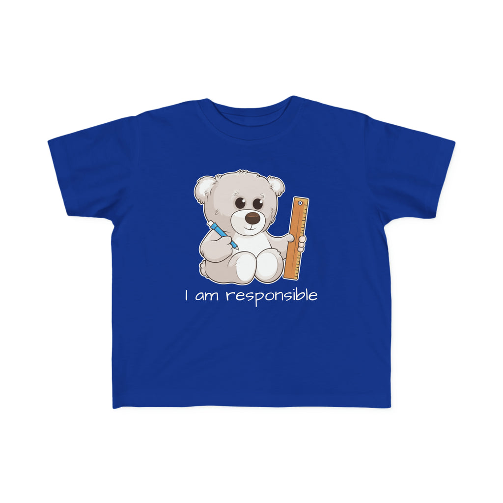 A short-sleeve royal blue shirt with a picture of a bear that says I am responsible.